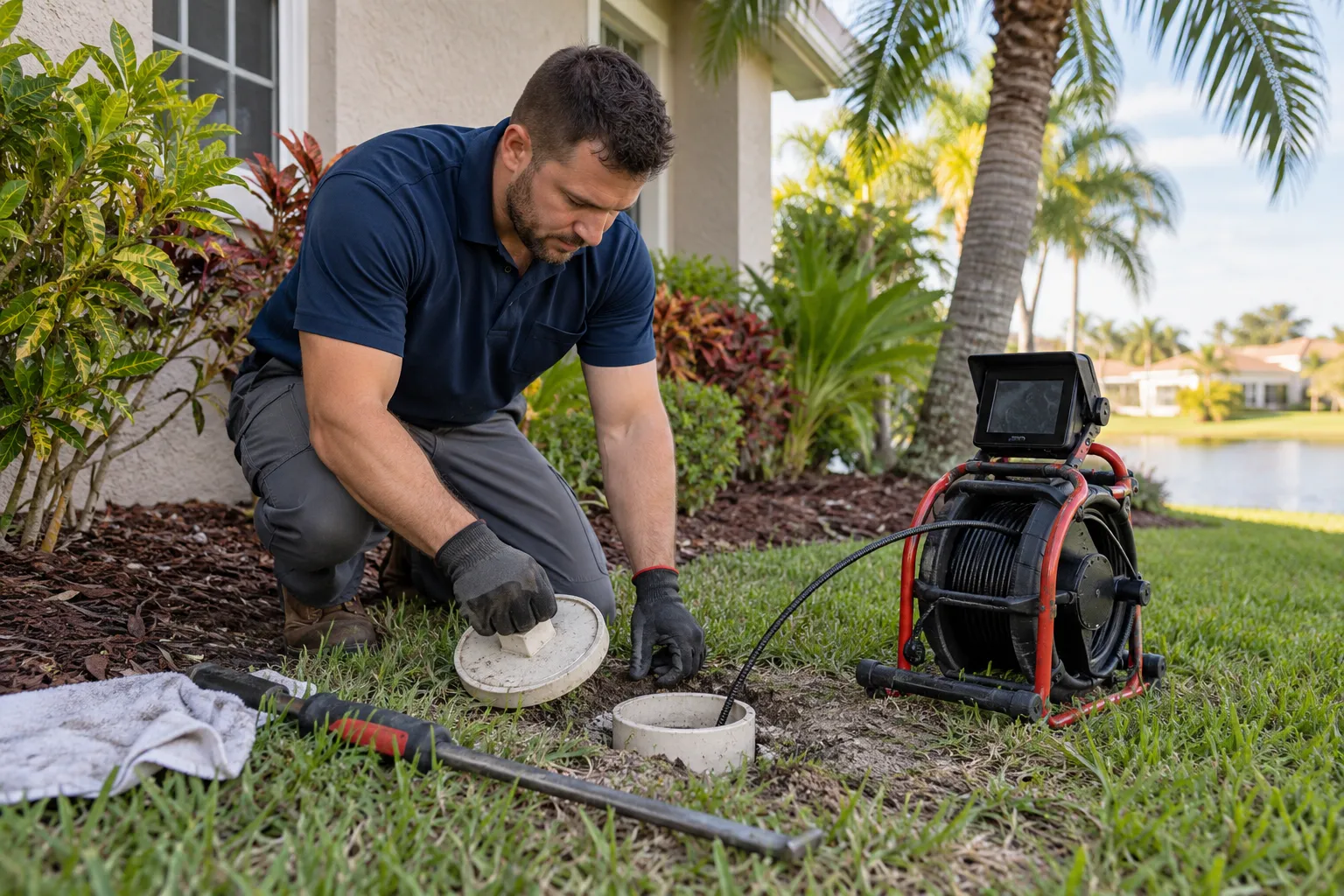 Provider checking a drain cleanout outside a home in the Deltona area