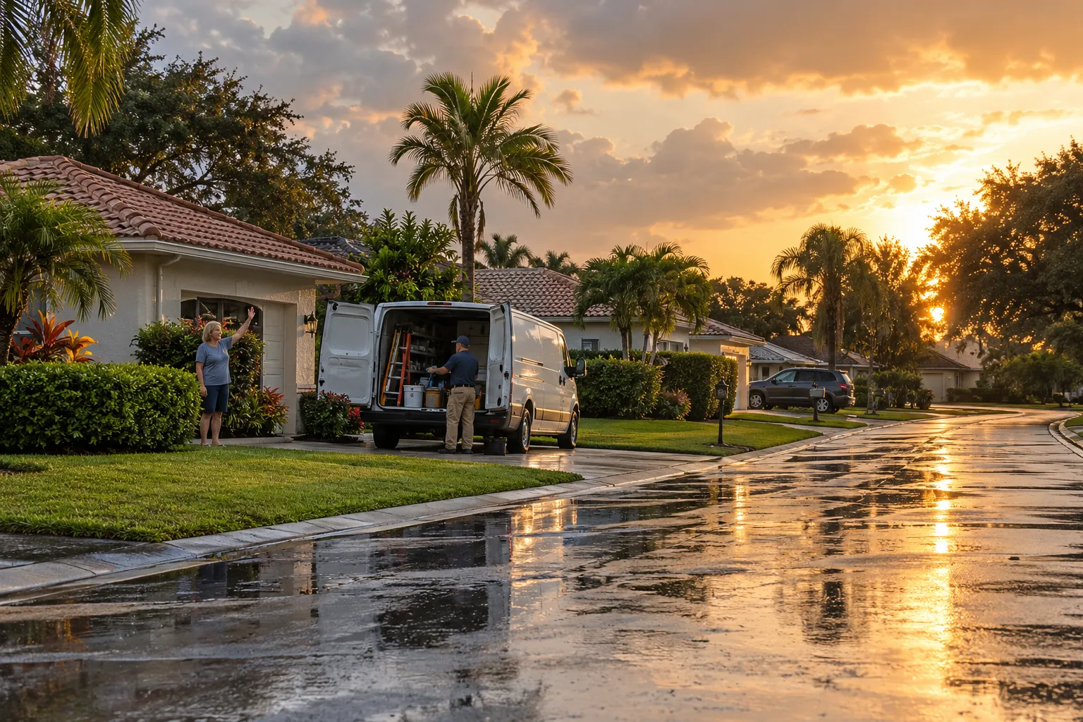 Neighborhood of single-story homes in Deltona after a summer rain